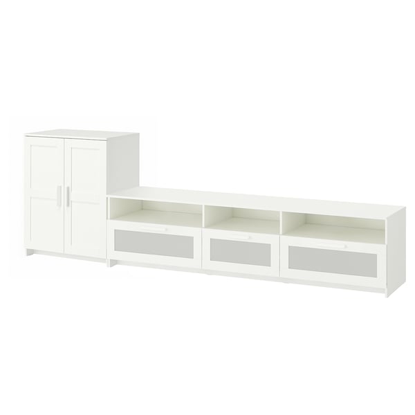 A white BRIMNES collection including a cabinet with doors and an open tv bench with shelves and glass drawers.