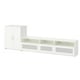 A white BRIMNES collection including a cabinet with doors and an open tv bench with shelves and glass drawers.