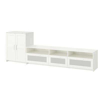 A white BRIMNES collection including a cabinet with doors and an open tv bench with shelves and glass drawers.