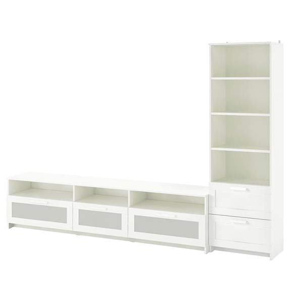 IKEA BRIMNES: white tv unit and bookcase combo with adjustable shelves and smooth drawers for organising media and accessories.