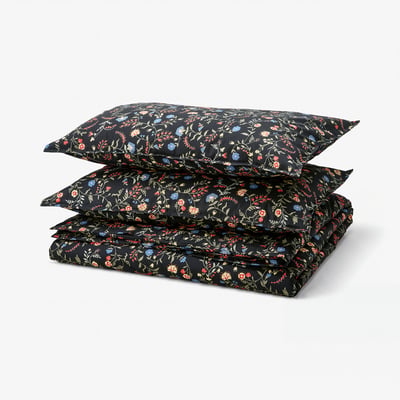 BRUDKRUSBÄR Duvet cover and 2 pillowcases, black multicolour/floral pattern, 240x220/50x80 cm