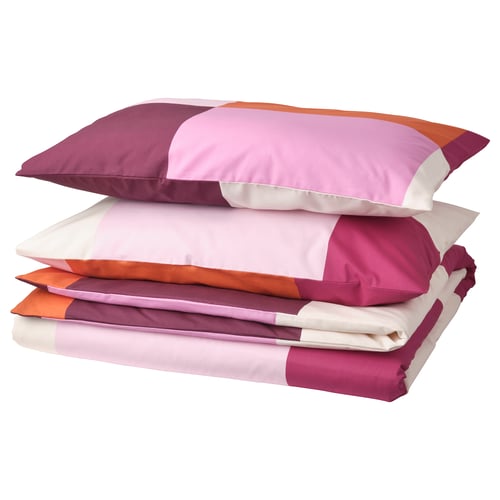 BRUNKRISSLA bed set, multicolor chequered with pink, orange, and white blocks, soft cotton & viscose, includes duvet & pillowcases.