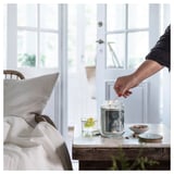 BUKETTAPEL Scented candle/glass w lid/2 wicks, bergamot & cedarwood/pale green, 100 hr