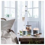 BUKETTAPEL Scented candle/glass w lid/2 wicks, bergamot & cedarwood/pale green, 70 hr