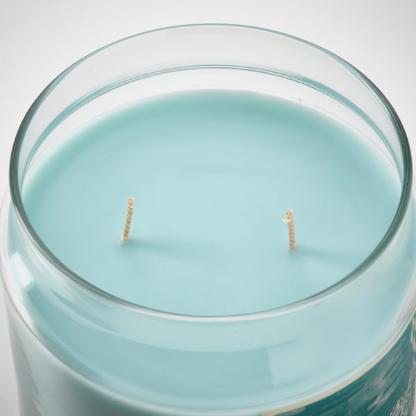 BUKETTAPEL Scented candle/glass w lid/2 wicks, bergamot & cedarwood/pale green, 70 hr