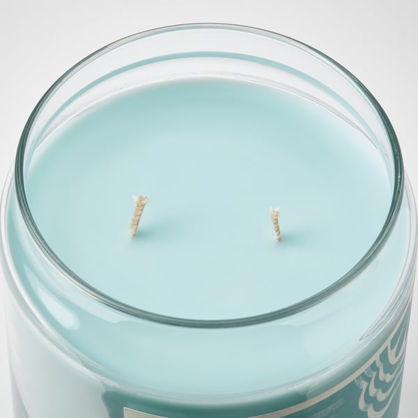 BUKETTAPEL Scented candle/glass w lid/2 wicks, bergamot & cedarwood/pale green, 100 hr