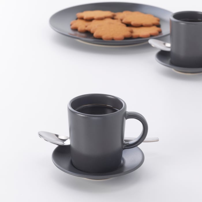 DINERA espresso cup and saucer, dark grey, 9 cl IKEA