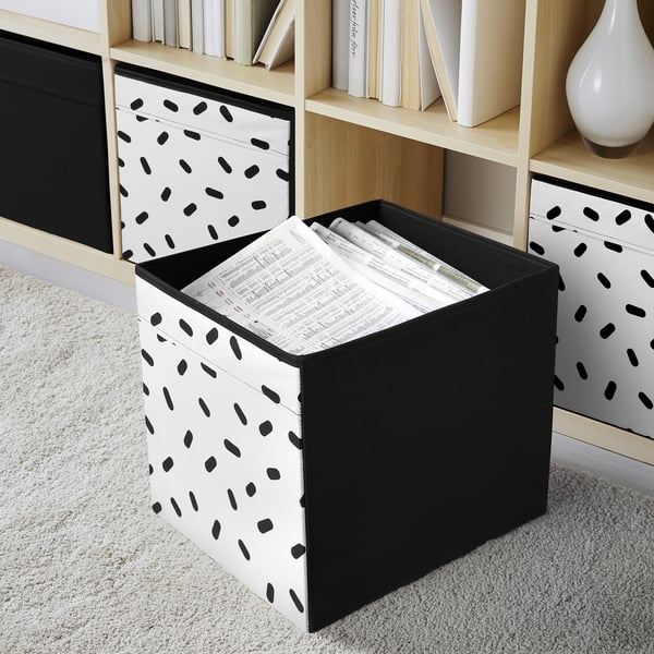 DRÖNA Box, white/black dot pattern, 33x38x33 cm