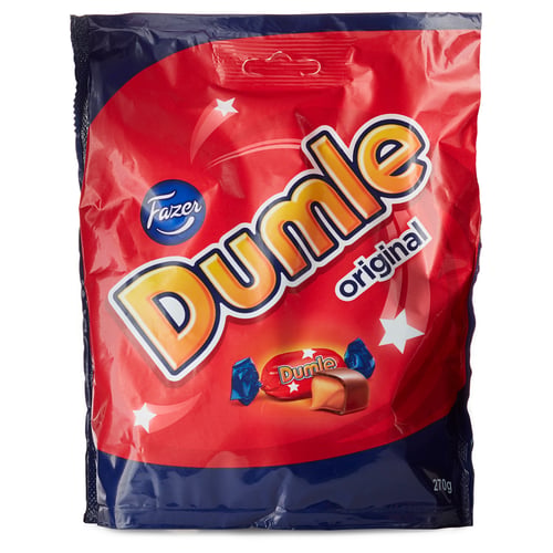 Image shows a DUMLE candy bag by fazer, displaying bold red and blue colours. Its a smooth chocolate with a soft, chewy toffee filling.