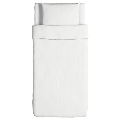 A white bedding set, neatly arranged on a bed, featuring a smooth and minimalist design.
