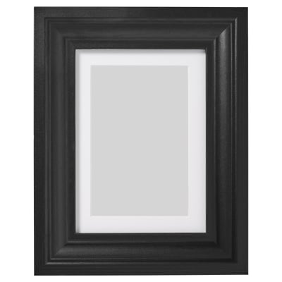 Black photo frame, rectangular, simple design, fiberboard material, suitable for various sizes.