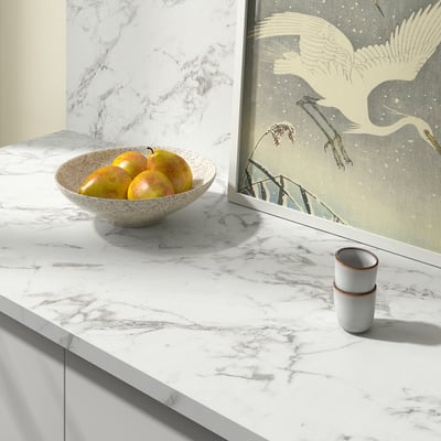 EKBACKEN Worktop, white lively marble effect/laminate, 246x2.8 cm