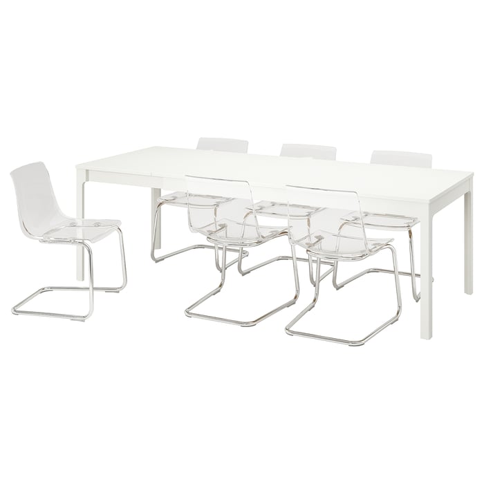 EKEDALEN / TOBIAS dining table and 6 chairs, white/transparent chrome