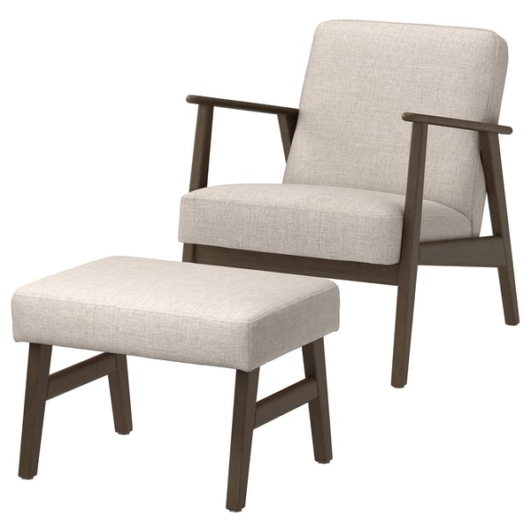 Mid-century modern light grey chair & ottoman. Wooden frame, upholstered, angle back, sturdy legs.