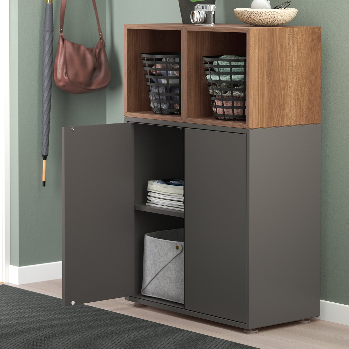 EKET cabinet combination with feet, dark grey/walnut effect