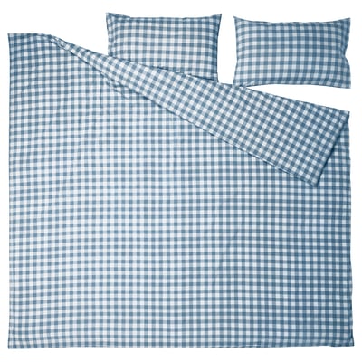 EKTANDVINGE Duvet cover and 2 pillowcases, dark blue white/check, 200x200/50x80 cm