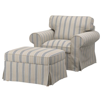 Striped armchair & ottoman, beige & blue, comfy, rolled arms, skirted base.