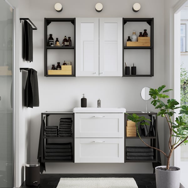 ENHET Bathroom, anthracite/white frame, 140x43x65 cm