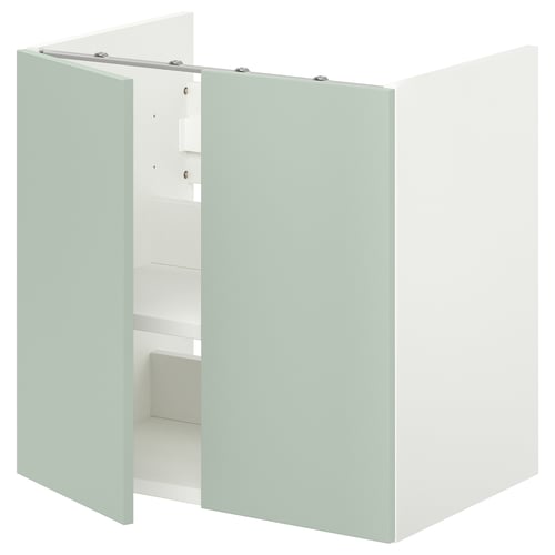 ENHET light green cabinet, rectangular, with open doors, storing towels, made of particleboard.
