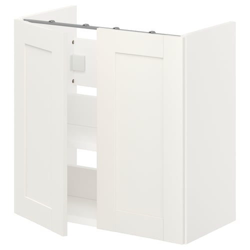 White ENHET bathroom cabinet, one door open revealing shelf.