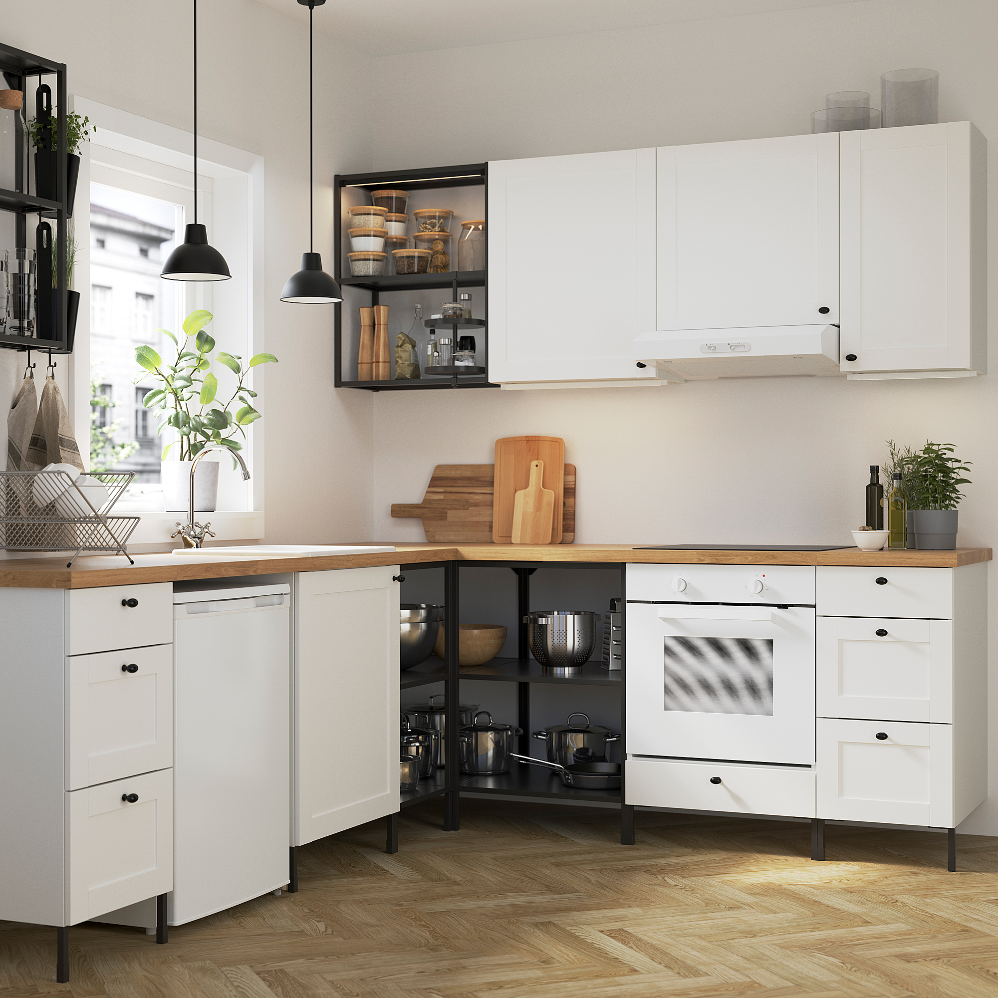 ENHET Corner kitchen, anthracite/white frame