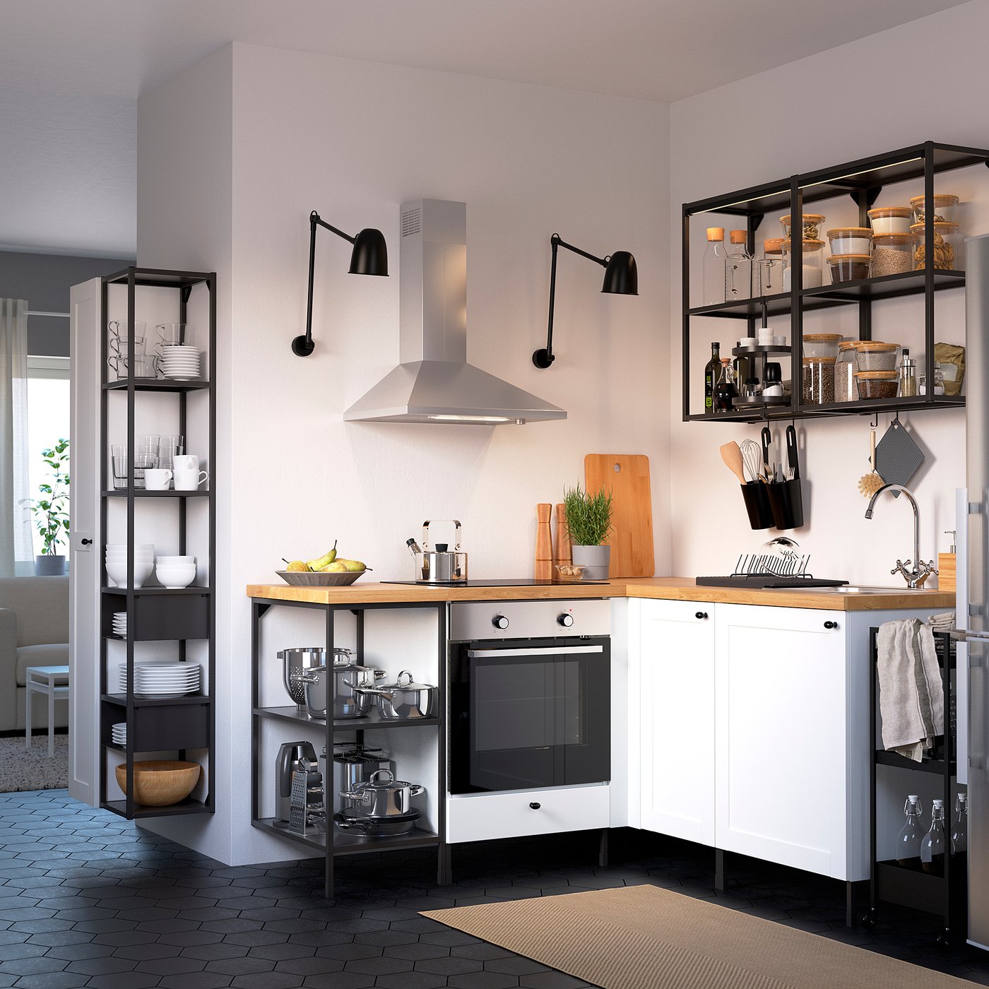 ENHET Corner kitchen, anthracite/white frame
