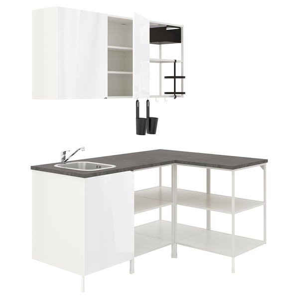 ENHET Corner kitchen, white/high-gloss white