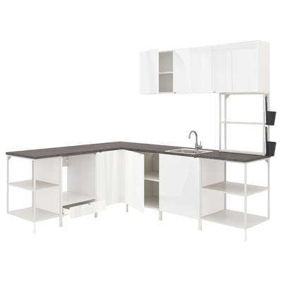 ENHET Corner kitchen, white/high-gloss white
