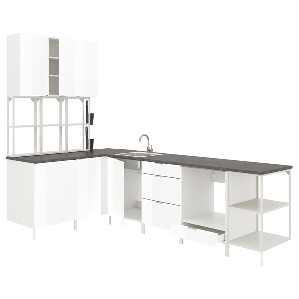 ENHET Corner kitchen, white/high-gloss white