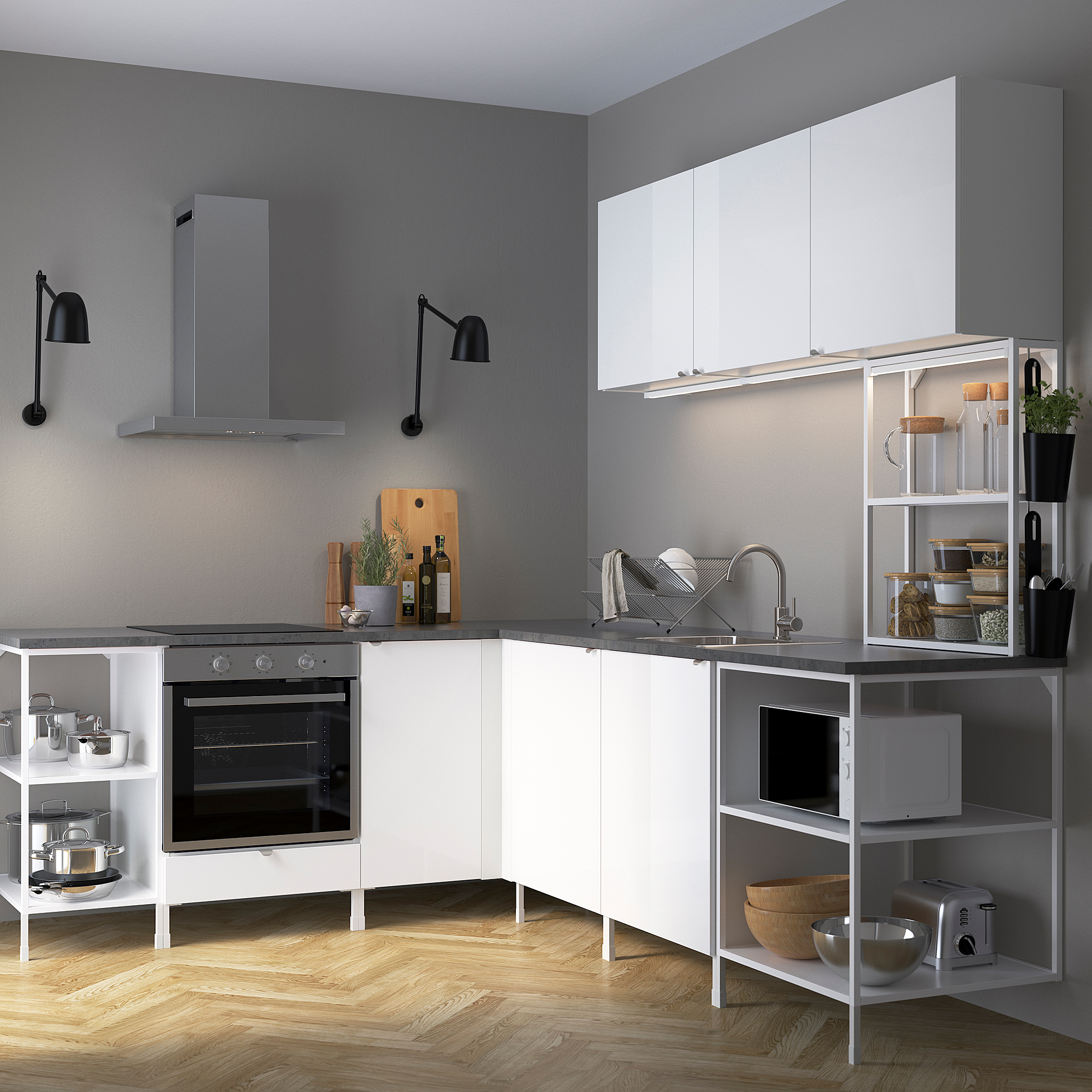 ENHET Corner kitchen, white/high-gloss white