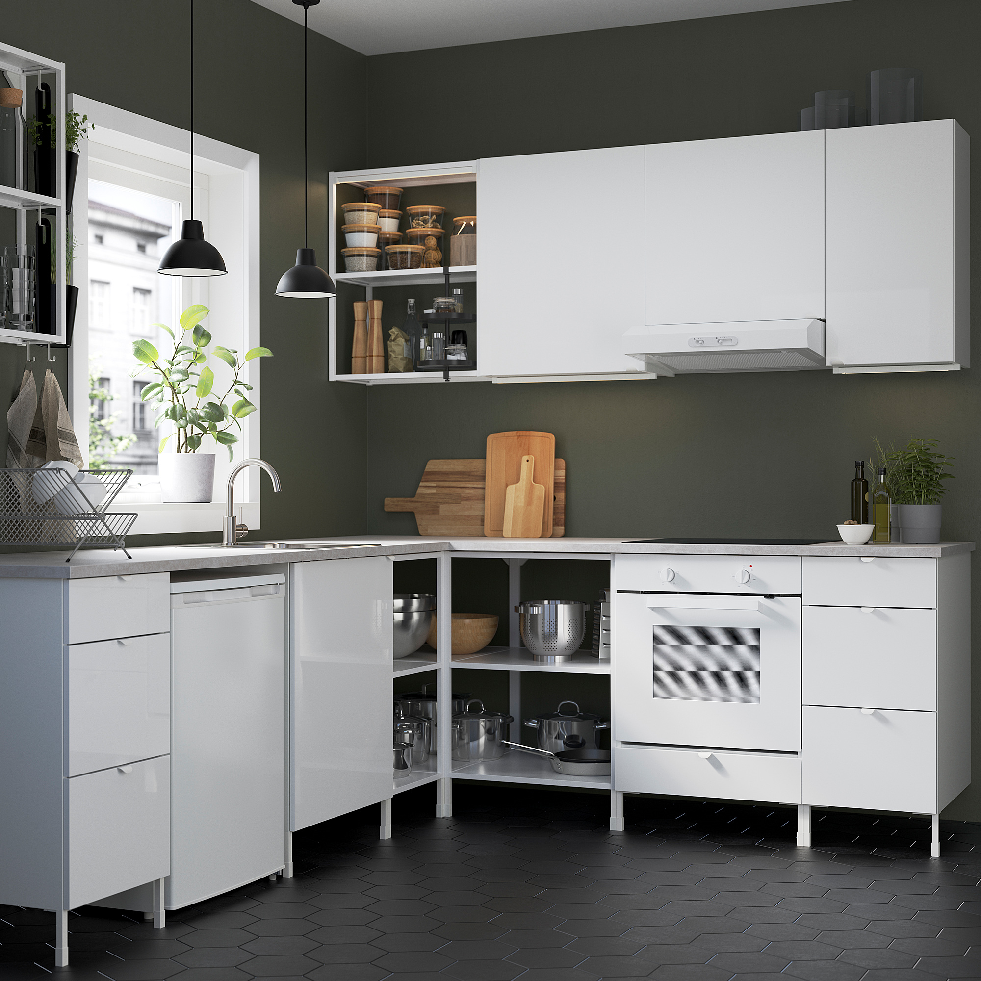 ENHET Corner kitchen, white/high-gloss white