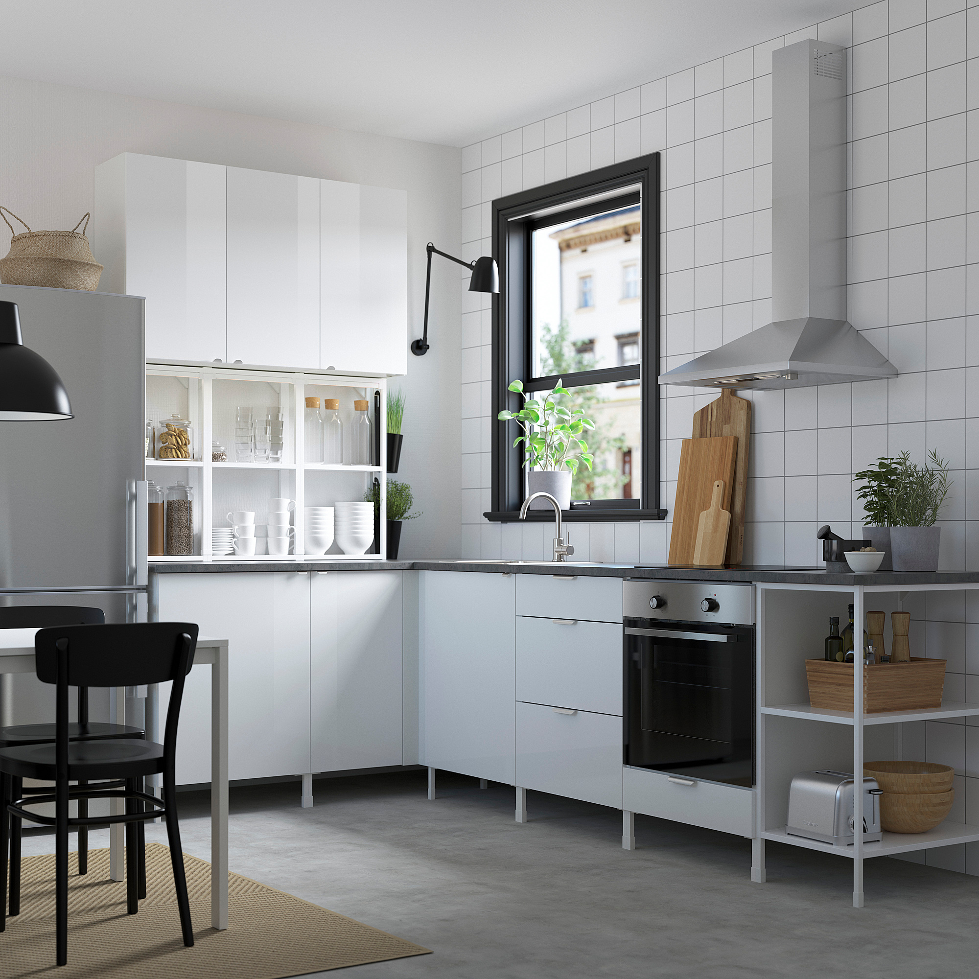 ENHET Corner kitchen, white/high-gloss white