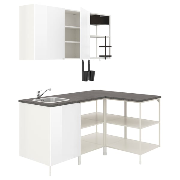 ENHET Corner kitchen, white/high-gloss white