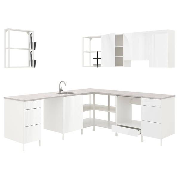 ENHET Corner kitchen, white/high-gloss white