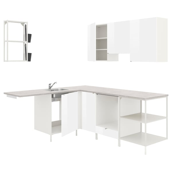 ENHET Corner kitchen, white/high-gloss white