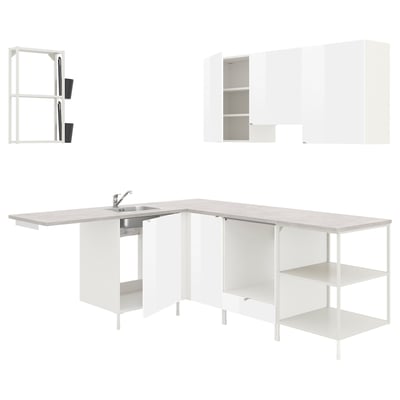 ENHET Corner kitchen, white/high-gloss white