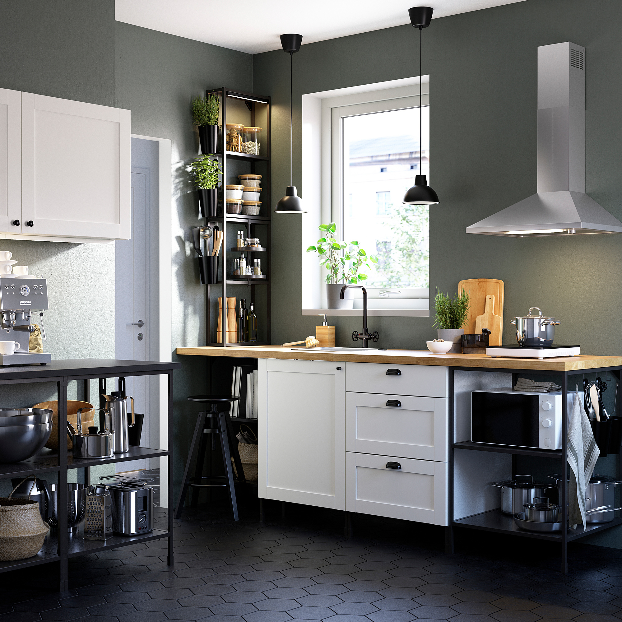 ENHET Kitchen, anthracite/white frame, 243x63.5x241 cm