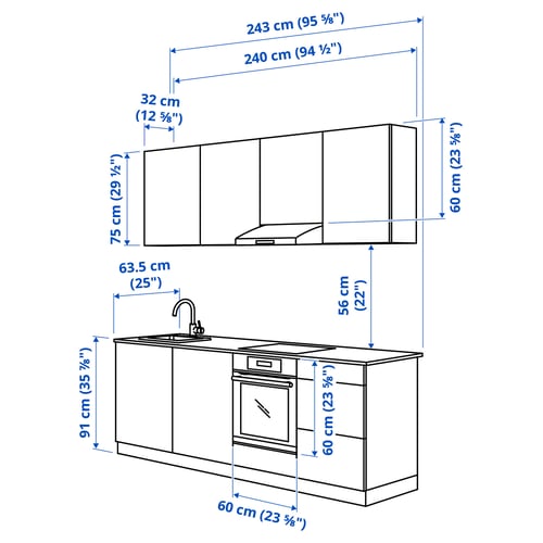 ENHET Kitchen, white frame, 243x63.5x222 cm