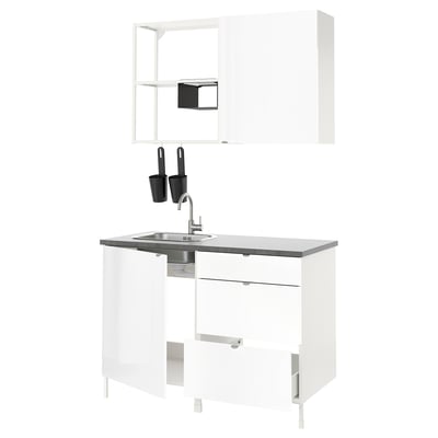 ENHET Kitchen, white/high-gloss white, 123x63.5x222 cm