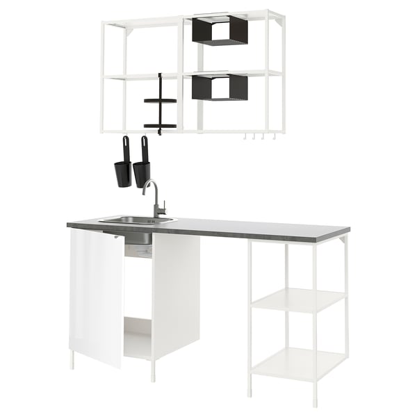 ENHET Kitchen, white/high-gloss white, 163x63.5x222 cm