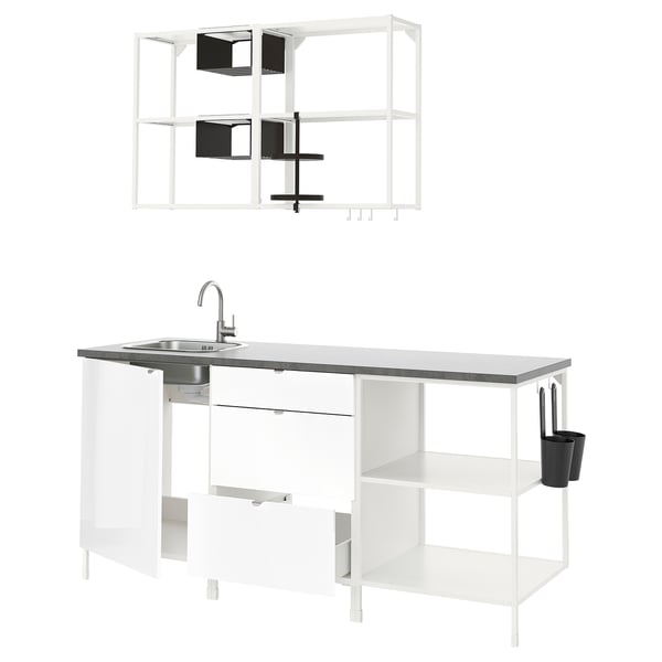 ENHET Kitchen, white/high-gloss white, 183x63.5x222 cm