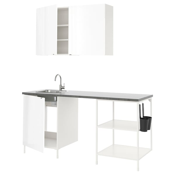 ENHET Kitchen, white/high-gloss white, 183x63.5x222 cm