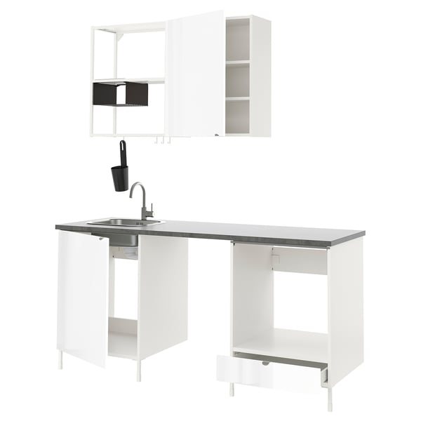 ENHET Kitchen, white/high-gloss white, 183x63.5x222 cm