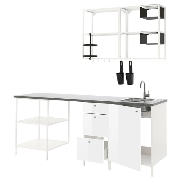 ENHET Kitchen, white/high-gloss white, 223x63.5x222 cm