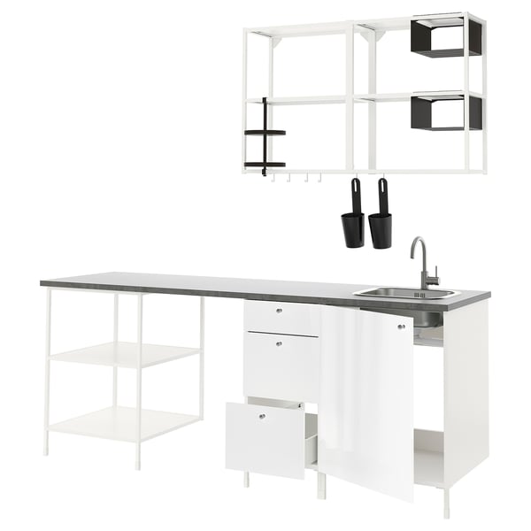 ENHET Kitchen, white/high-gloss white, 223x63.5x222 cm