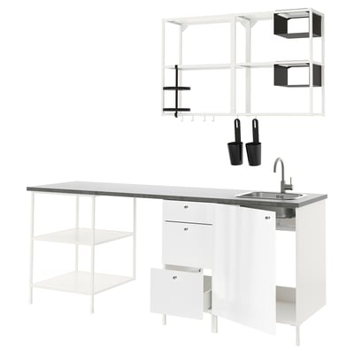 ENHET Kitchen, white/high-gloss white, 223x63.5x222 cm