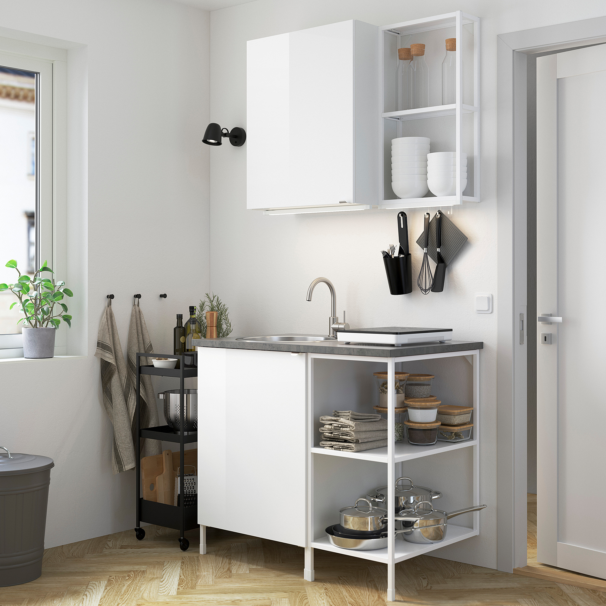ENHET Kitchen, white/high-gloss white, 103x63.5x222 cm