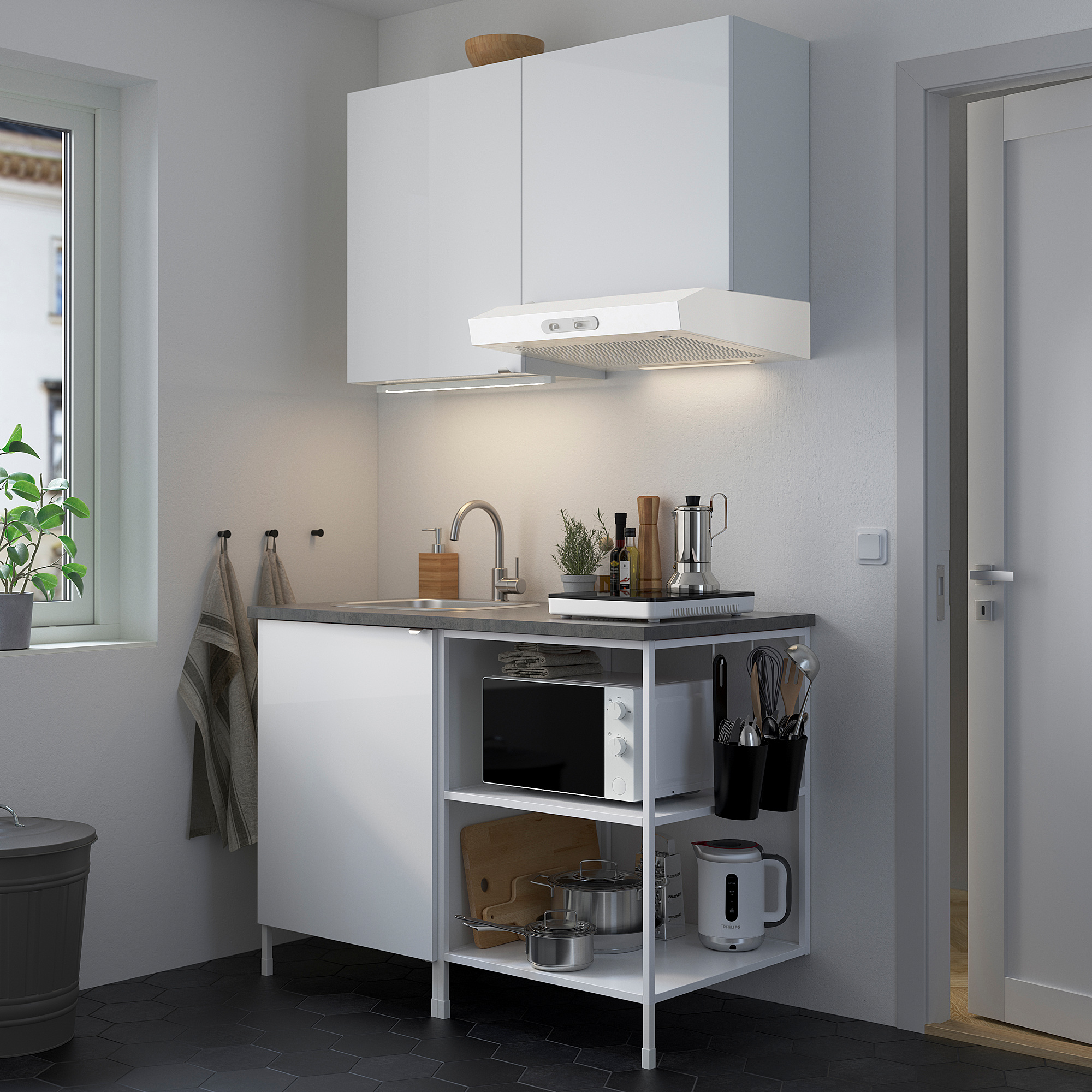 ENHET Kitchen, white/high-gloss white, 123x63.5x222 cm
