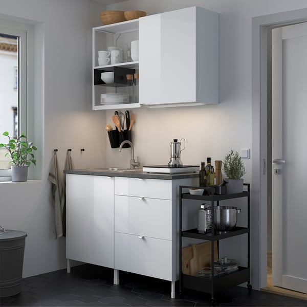 ENHET Kitchen, white/high-gloss white, 123x63.5x222 cm