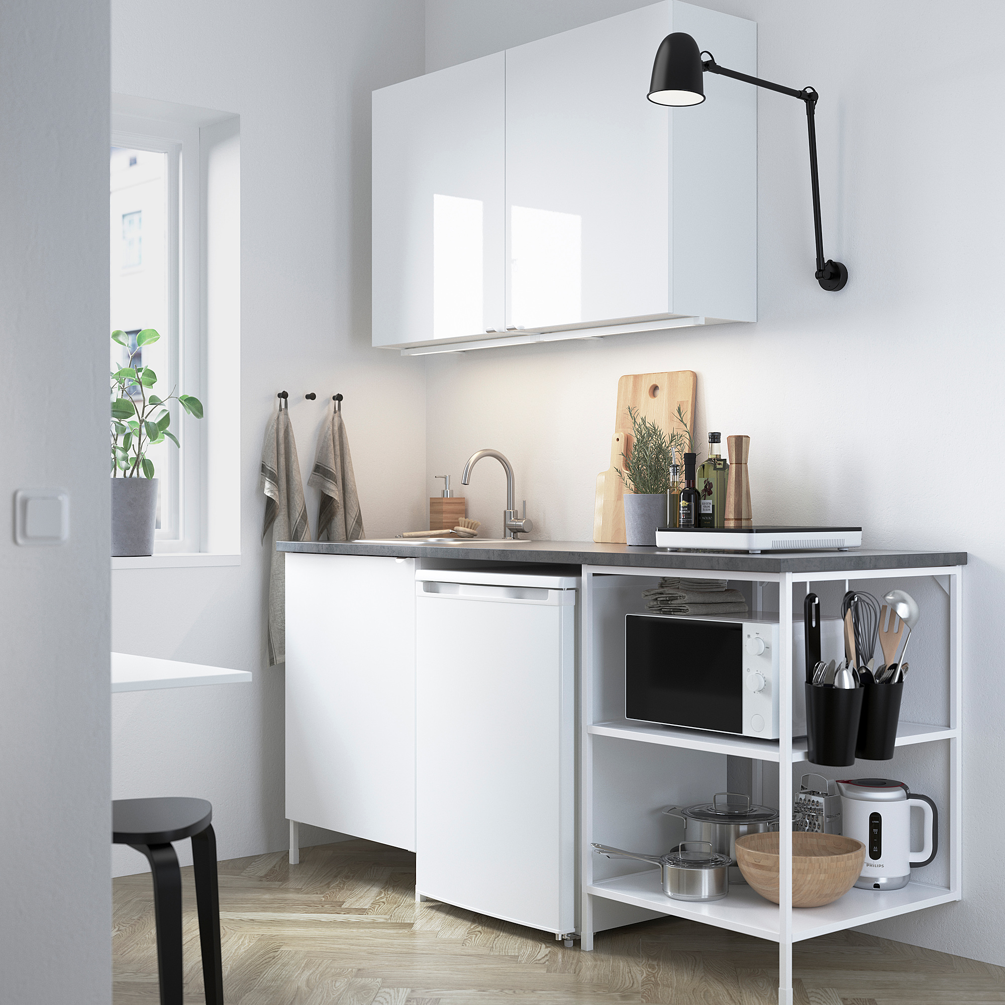 ENHET Kitchen, white/high-gloss white, 183x63.5x222 cm
